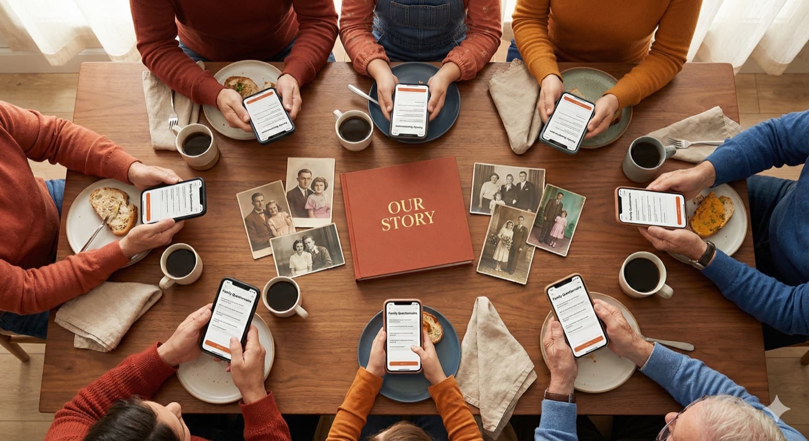 Family gathered answering the questionnaire with photos and memories