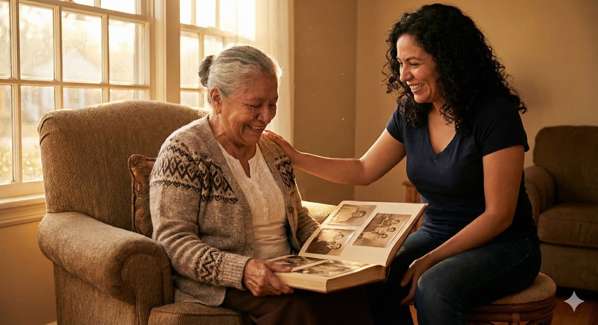 Grandmother and daughter looking through a photo album together in warm light