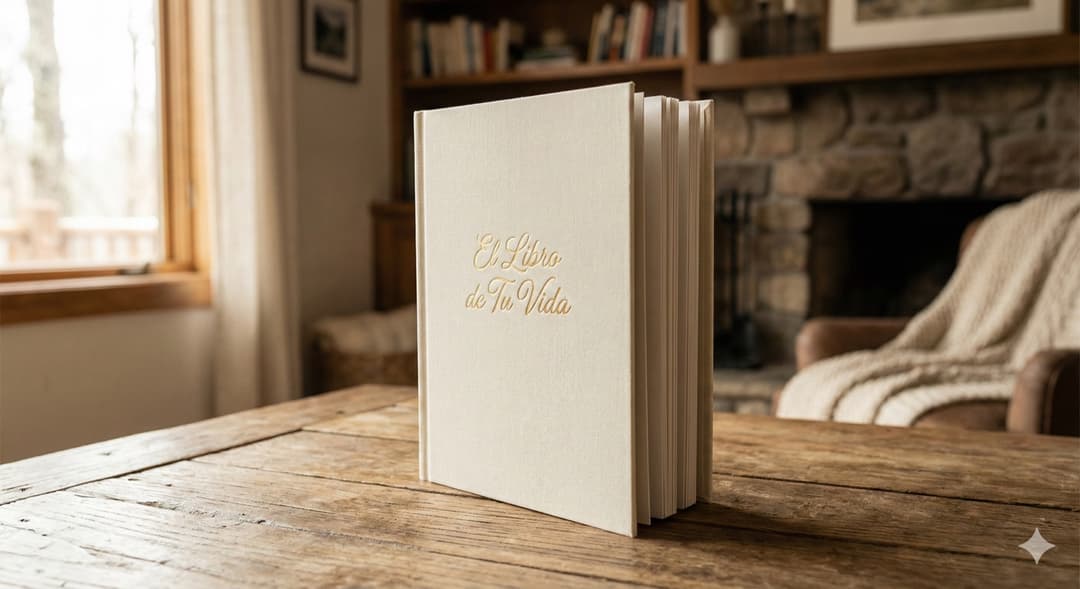 Elegant hardcover biographical book on a wooden table