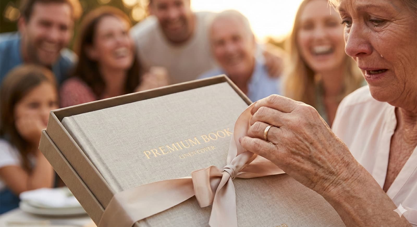 Woman excitedly opening a gift box with her biographical book, family watching happily